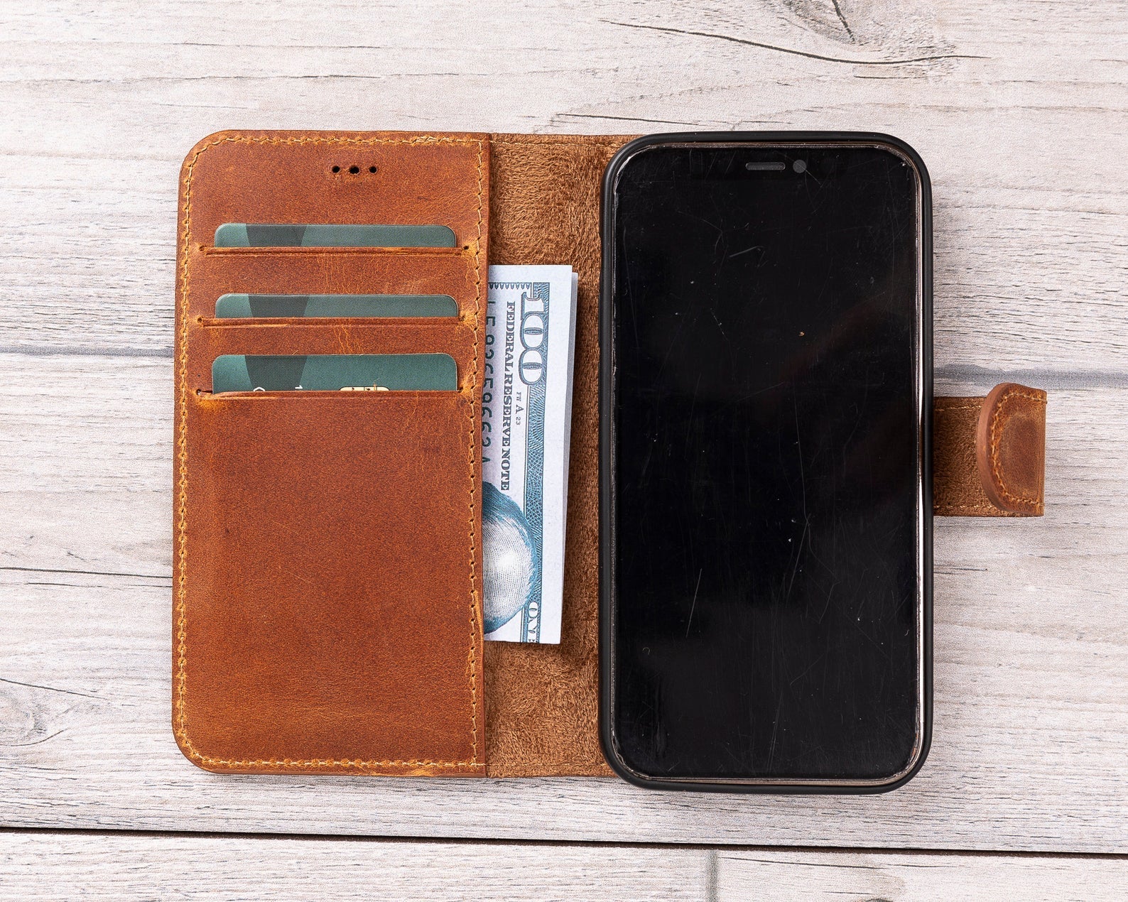 Camel Brown Leather Magnetic Wallet Case for iPhone 12 Mini (5.4")