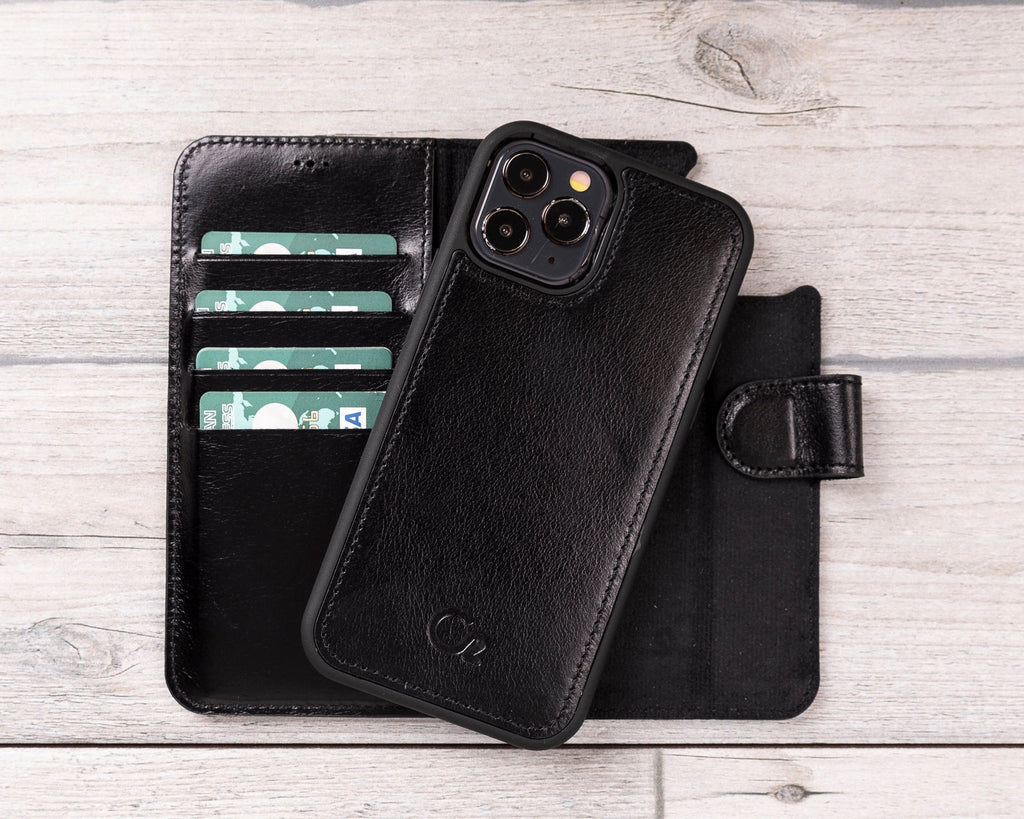 Black Leather Magnetic Wallet Case for iPhone 12 Models