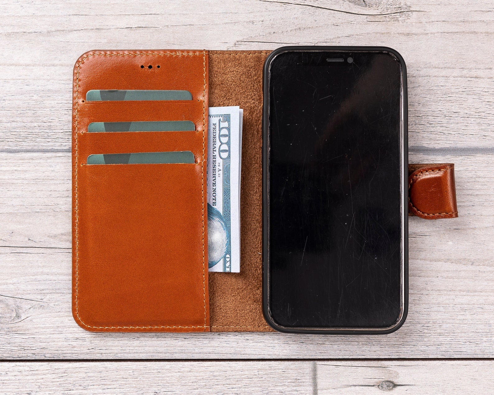 Burnished Tan Leather Magnetic Wallet Case for iPhone 12 Models