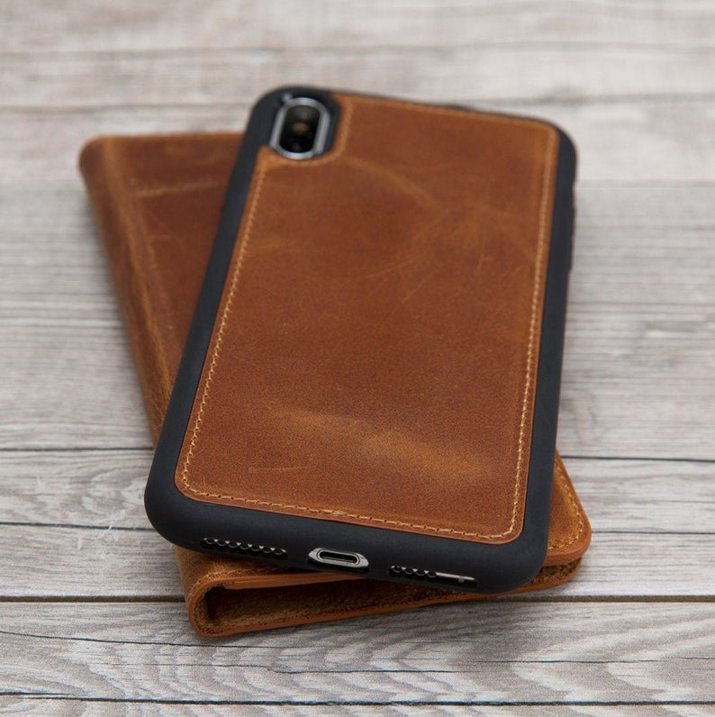 Camel Brown Genuine Leather Magnetic Wallet Case for iPhone XR/XS Max