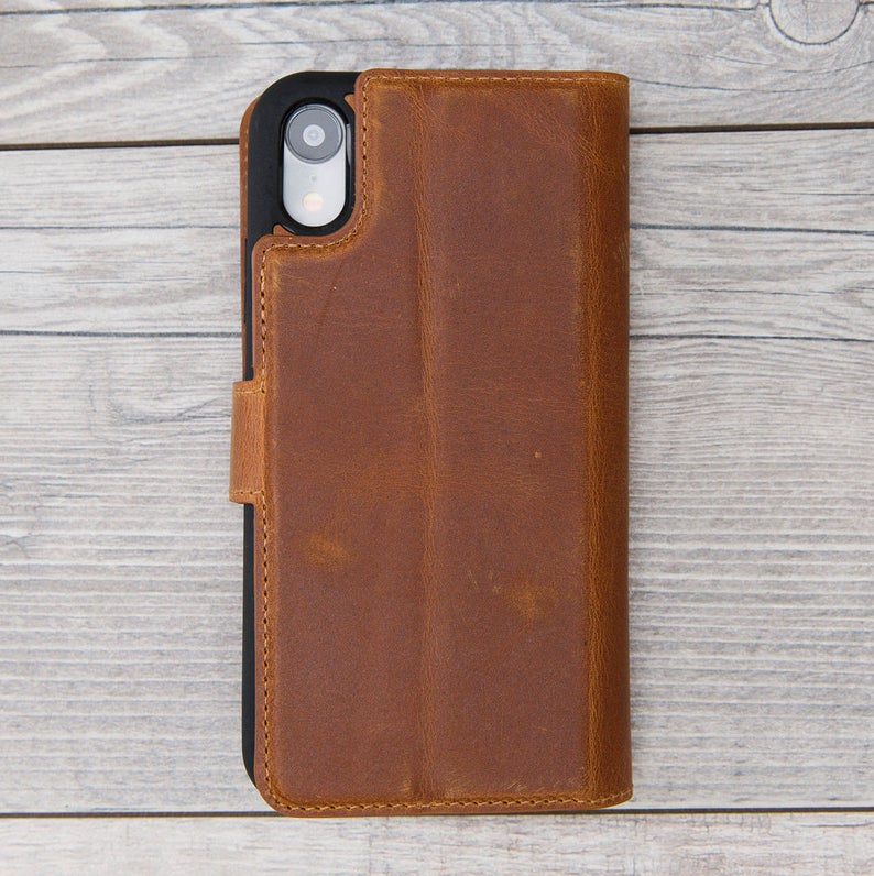 Camel Brown Genuine Leather Magnetic Wallet Case for iPhone XR/XS Max