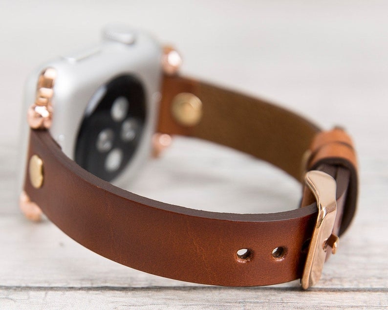 Burnished Brown Slim Ferro Leather Band (Gold Rivet)