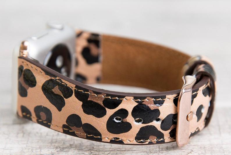 Leopard Patterned Full Grain Leather Band for Apple Watch