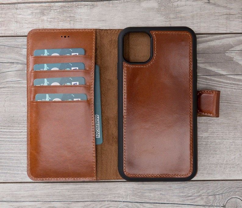 Burnished Brown Leather Magnetic Wallet Case for iPhone 11 Models